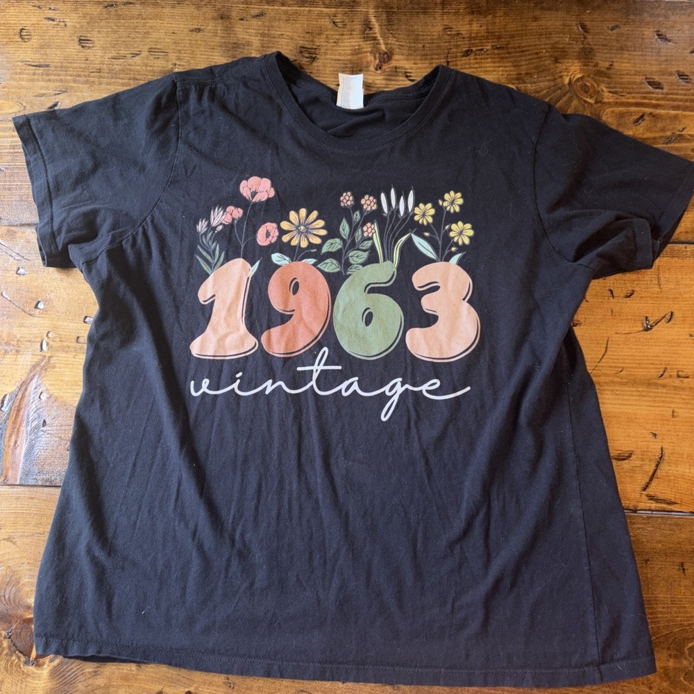 Women's 1963 Vintage Black 100% Cotton Bohemian Flower Hippie T Shirt XXL